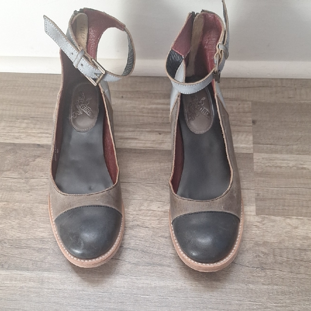 Freebird by Steven Black, Gray, Tan Mary Janes. Great Condition. Worn Once